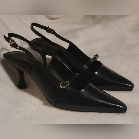 Larroude Black Leather Ines Slingback Pumps with Gold Buckle Size 9 - Picture 1 of 12